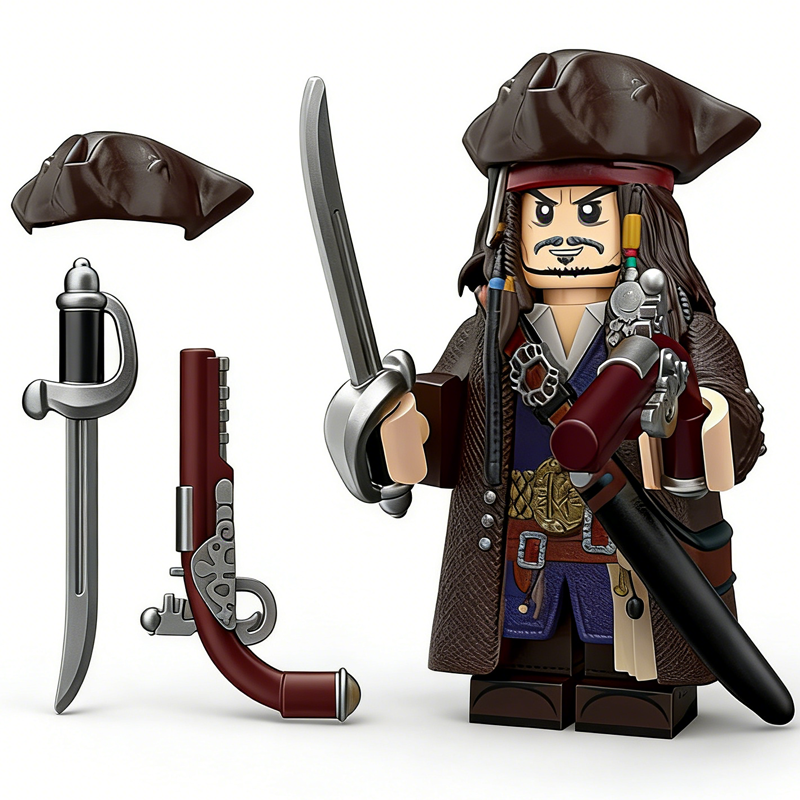 Pirates of the Caribbean Captain Jack Sparrow Custom Minifigure Wielding Sword Holding Pistol Rare Edition Detailed Print Collector Grade
