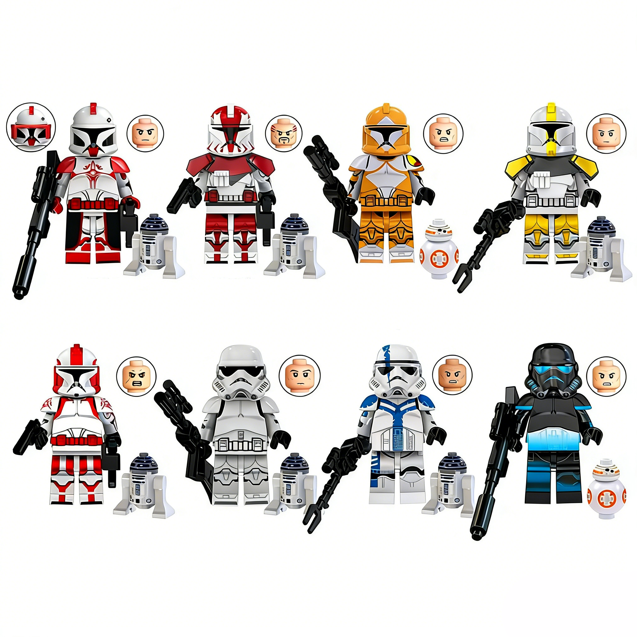8pcs Star Wars Commander Fox Commander Ganch Bomb Squad Clone Trooper Clone Commander Bly Commander Stone Clone Trooper Stormtrooper Commander Shadow Stormtrooper Custom Minifigures Battle Ready Armed with Blasters Tactical Gear Rare Collector Edition