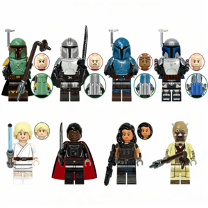 8pcs Star Wars Boba Fett Din Djarin Koska Reeves Jango Fett Luke Skywalker Moff Gideon Cara Dune Tusken Raider Custom Minifigures Battle Ready Wearing Armor Holding Lightsaber Mounted Weapon Precision Pad-Printed Rare Collector Edition
