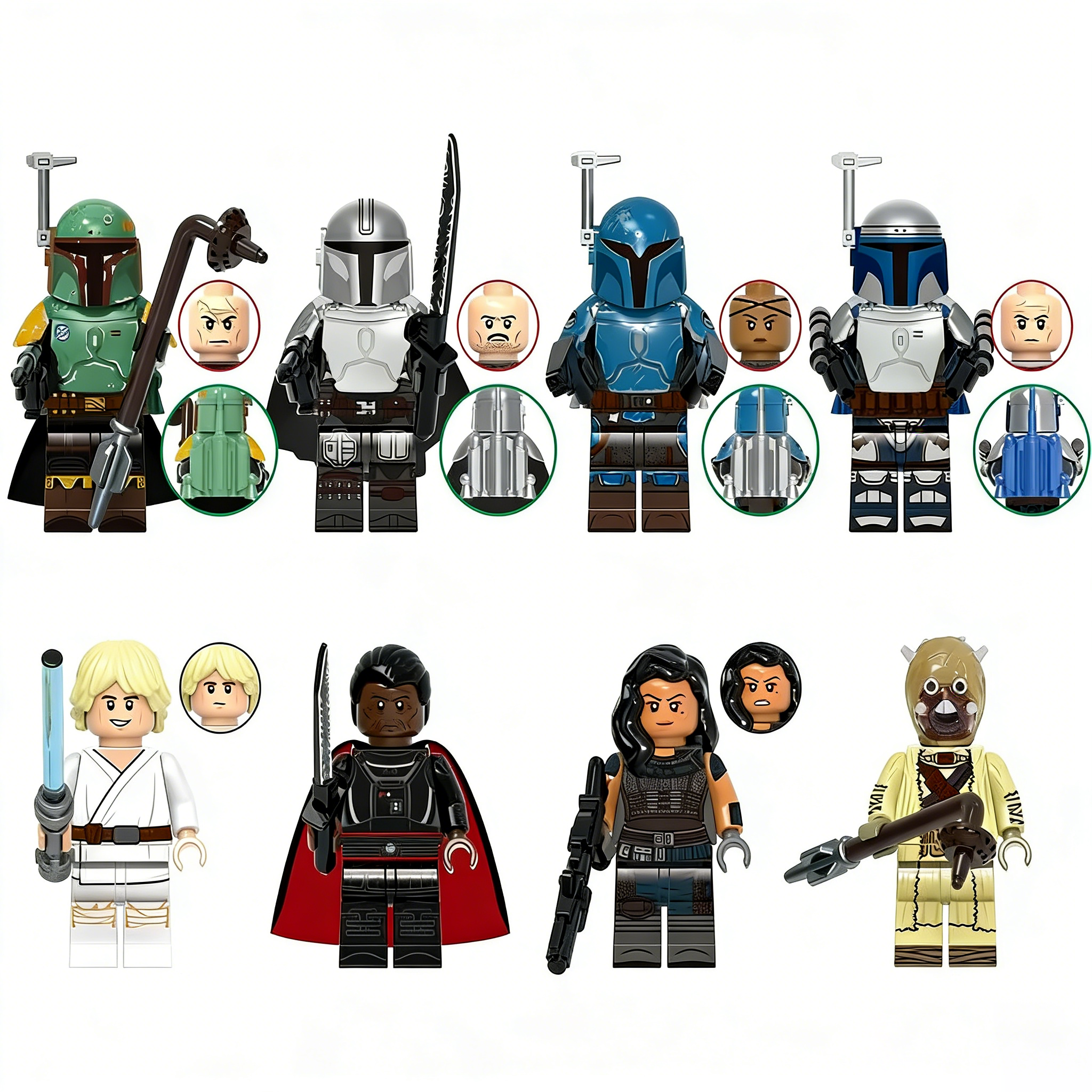 8pcs Star Wars Boba Fett Din Djarin Koska Reeves Jango Fett Luke Skywalker Moff Gideon Cara Dune Tusken Raider Custom Minifigures Battle Ready Wearing Armor Holding Lightsaber Mounted Weapon Precision Pad-Printed Rare Collector Edition