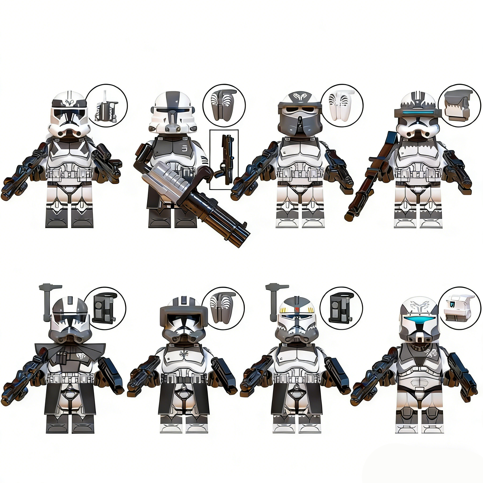 8pcs Star Wars Clone Trooper Boost Heavy Infantry Wolfpack Wolfpack AT-RT Driver Wolfpack Sergeant Wolfpack Captain Wolves Commander Commander Wolfe Wolf Regiment Commandos Custom Minifigures Battle Ready Armed with Blasters Tactical Gear Squad Formation Precision Pad-Printed Collector Grade