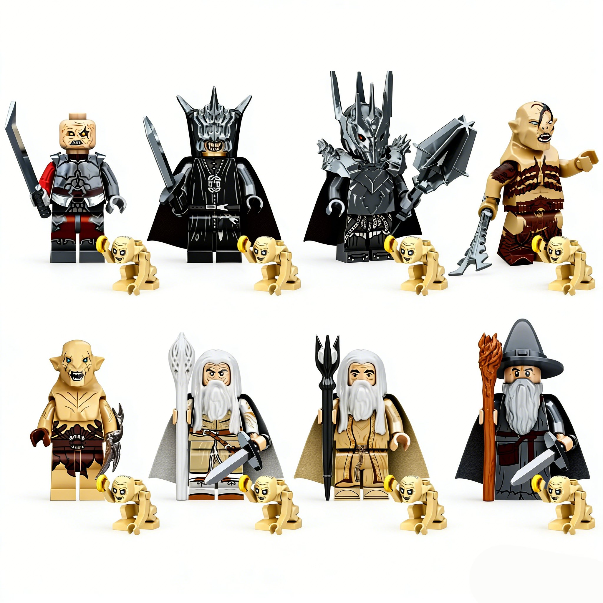 8pcs Lord of the Rings Gorthaur Mouth of Sauron Sauron Bolg Azog Gandalf Saruman Custom Minifigures Battle Pose with Weapons Collector Grade Detailed Print