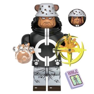One Piece Bartholomew Kuma Custom Minifigure Warlord Holding Bible Golden Weapon Compatible with Building Bricks