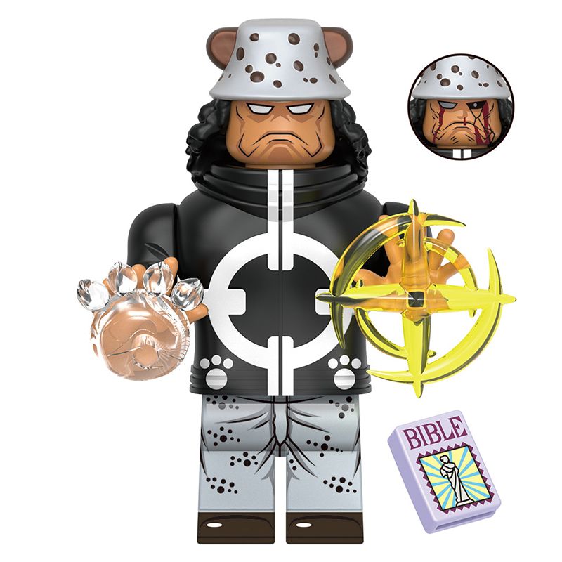 One Piece Bartholomew Kuma Custom Minifigure Warlord Holding Bible Golden Weapon Compatible with Building Bricks