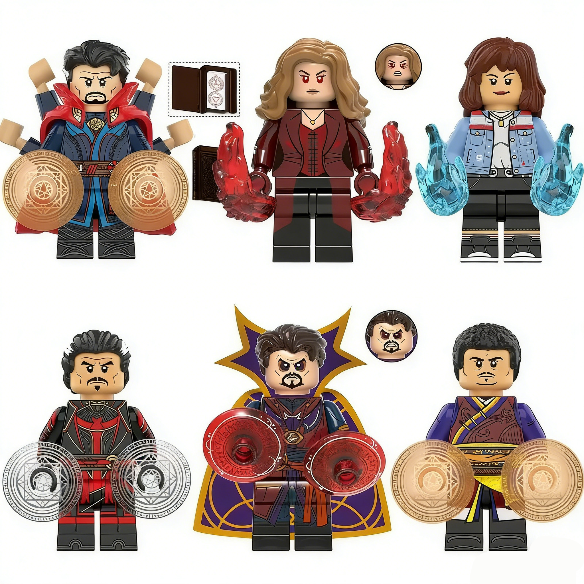 6pcs Marvel Doctor Strange Scarlet Witch Ms. America Sorcerer Supreme Dark Doctor Wong Custom Minifigures Magic Duel Scene with Transparent Energy Orbs Rare Collector Edition