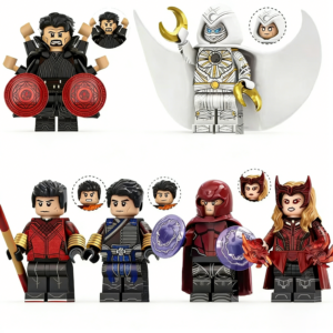 6pcs Marvel "Dark Doctor Strange" "Moon Knight" "Shang-Chi" "Wenwu" "Magneto" "Dark Witch Wanda" Custom Minifigures Battle Scene with Magic Shield Moon Weapon Energy Ball Spear Rare Collector Edition