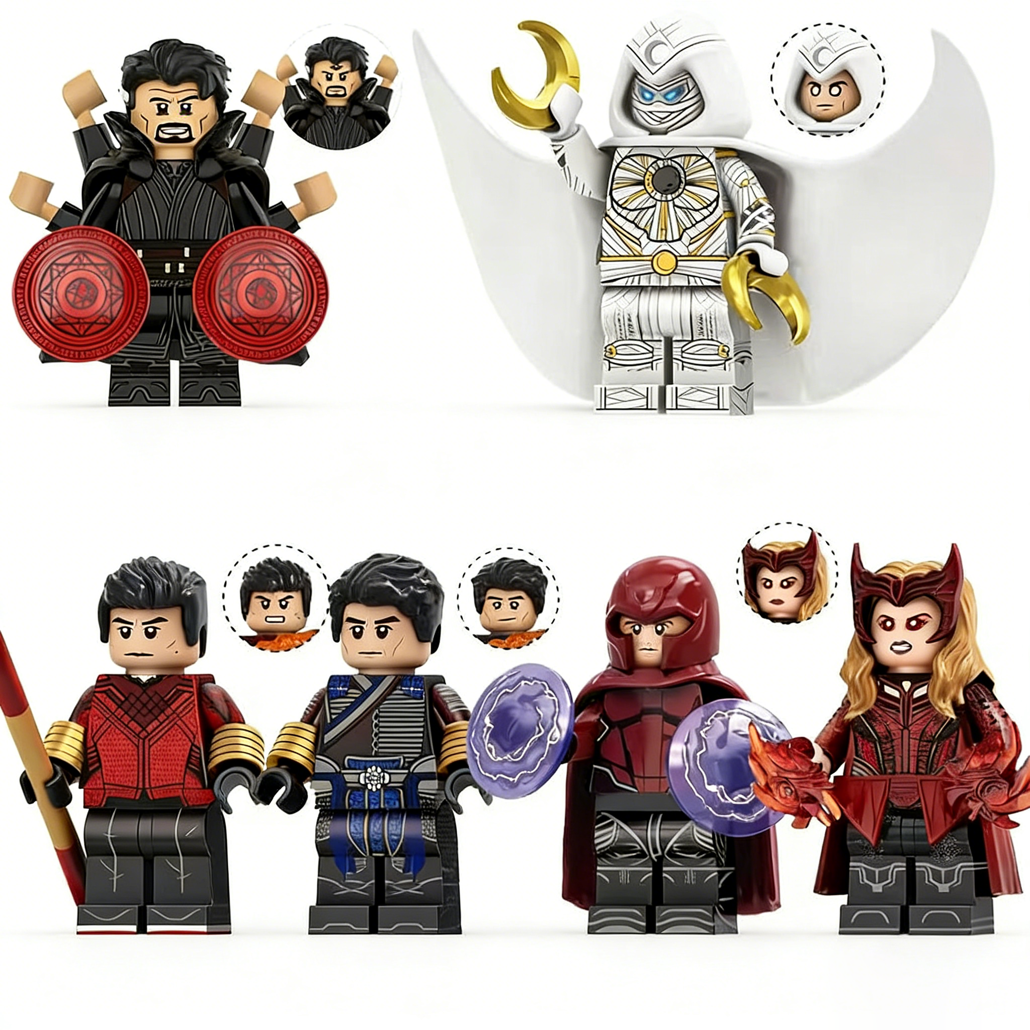 6pcs Marvel "Dark Doctor Strange" "Moon Knight" "Shang-Chi" "Wenwu" "Magneto" "Dark Witch Wanda" Custom Minifigures Battle Scene with Magic Shield Moon Weapon Energy Ball Spear Rare Collector Edition