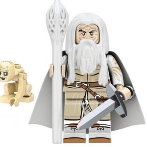 Lord of the Rings Gandalf the White Gollum Custom Minifigure Holding Staff Wielding Sword Facing Enemy Collectible Universe Compatible Blocks