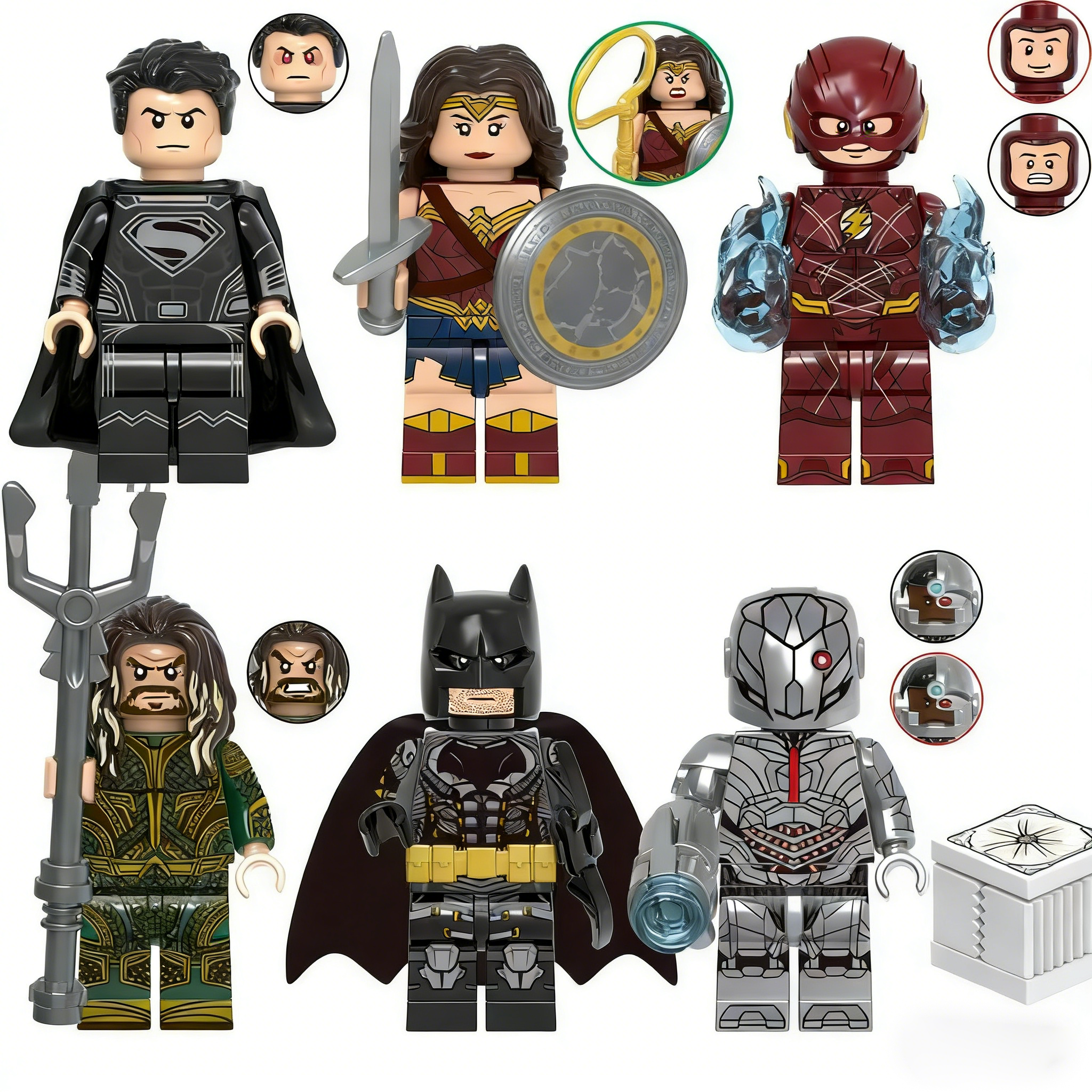 6pcs DC Superman Wonder Woman Flash Aquaman Batman Cyborg Custom Minifigures Battle Scene with Energy Effects Collector Grade