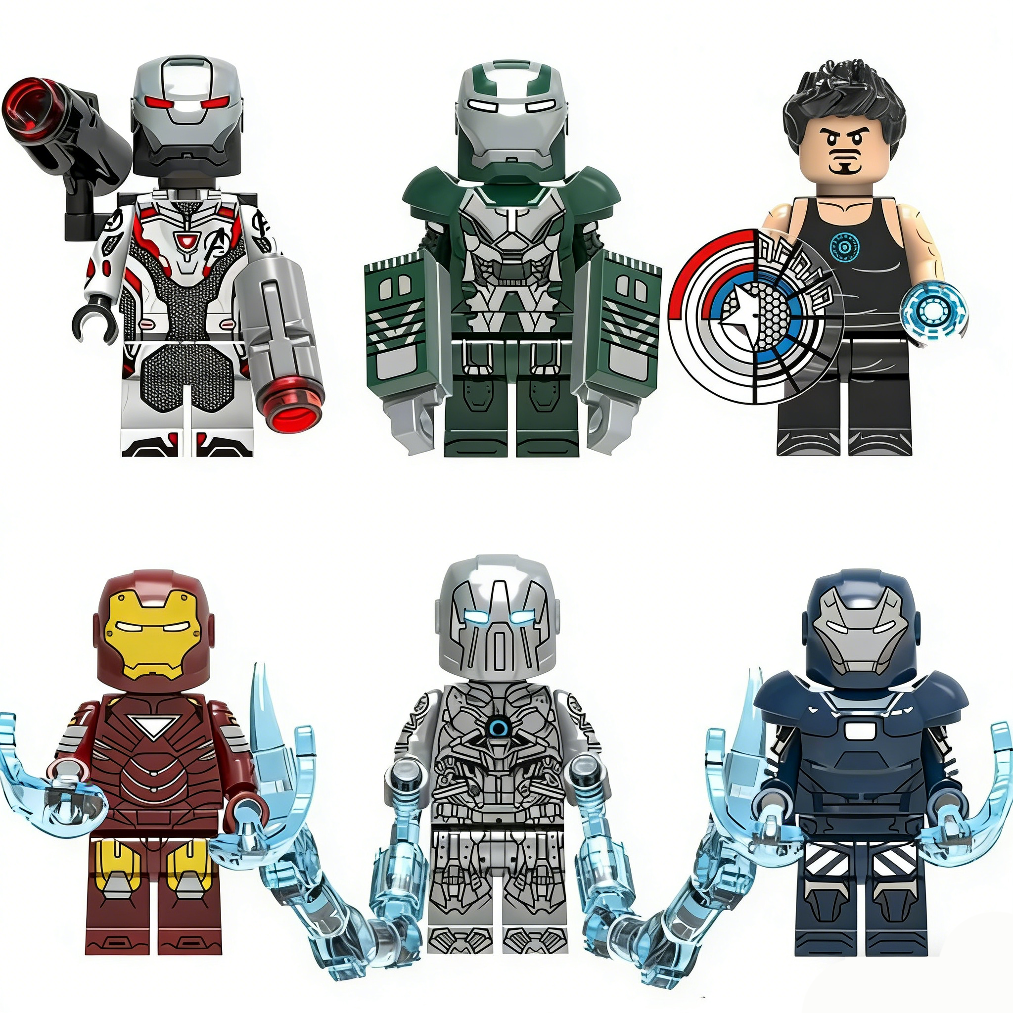 6pcs Marvel Iron Man War Machine Tony Stark Whiplash Captain America Custom Minifigures Battle Pose with Weapons & Transparent Energy Arms Collector Grade