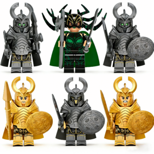 6pcs Marvel Heimdall, Hel, Einherjar, Valkyrie, Asgardian Guard, Skar Custom Minifigures Battle Scene with Shield, Spear, Axe, Sword, Green Cloak Rare Collector Edition