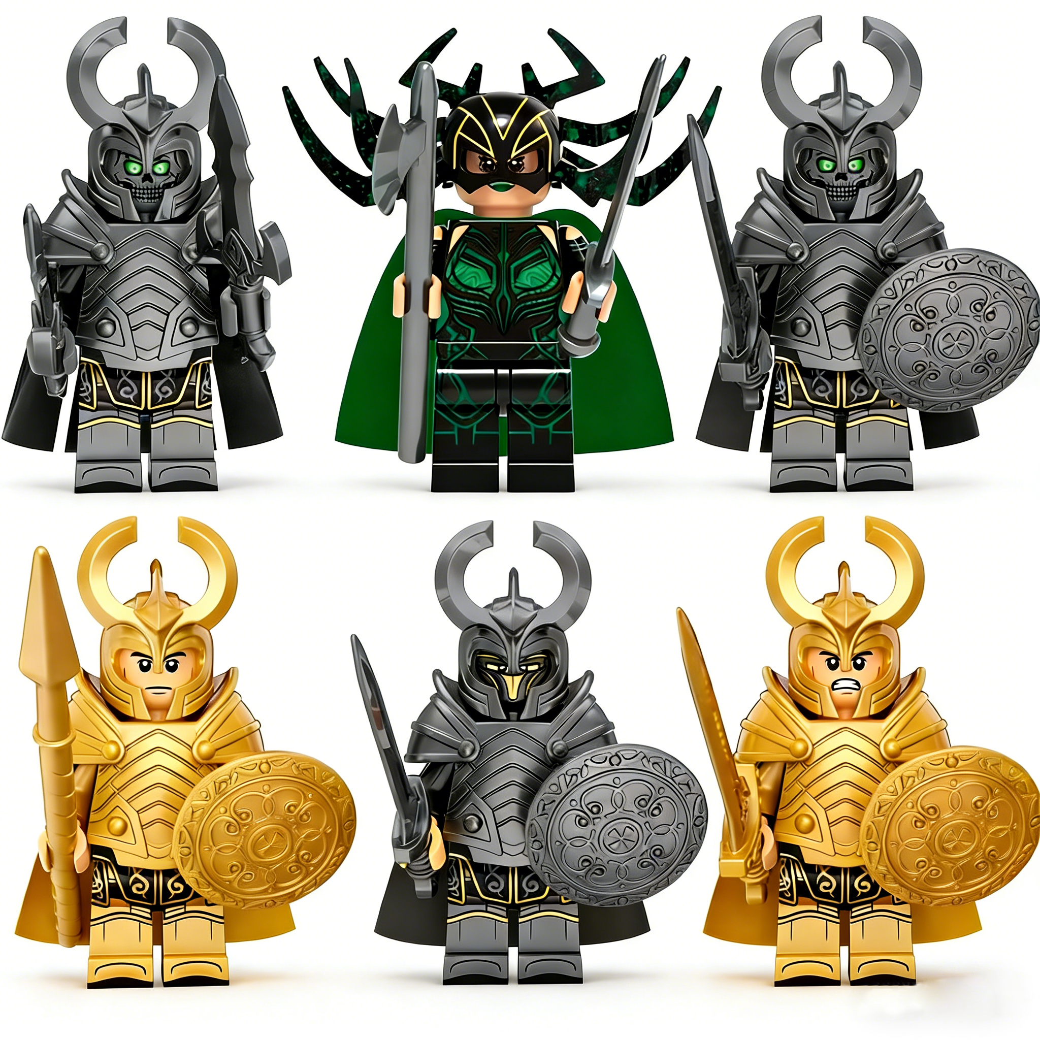 6pcs Marvel Heimdall, Hel, Einherjar, Valkyrie, Asgardian Guard, Skar Custom Minifigures Battle Scene with Shield, Spear, Axe, Sword, Green Cloak Rare Collector Edition
