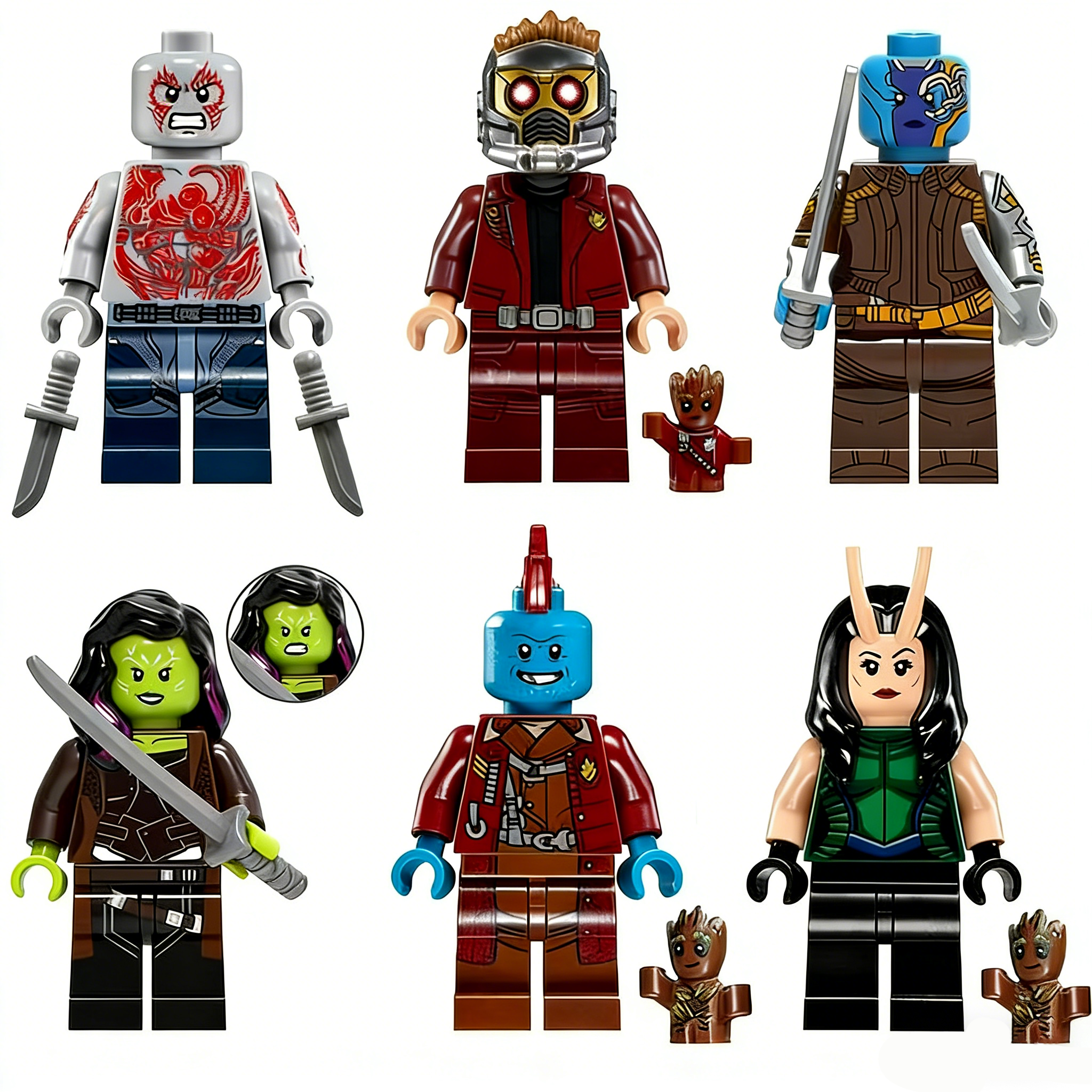 6pcs Marvel Star-Lord Nebula Gamora Yondu Mantis Destroyer Groot Custom Minifigures Battle Ready With Weapons Rare Collector Edition