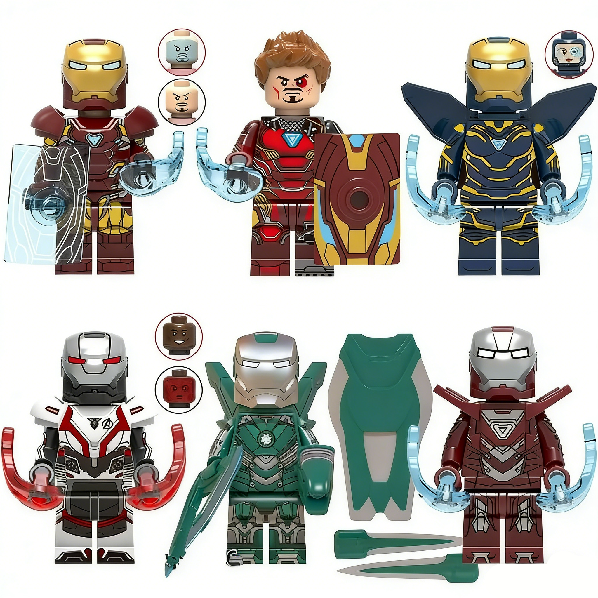 6pcs Marvel Iron Man War Machine Pepper Potts Rescue Armor Iron Man MK33 Hulkbuster Stealth Suit Custom Minifigures Battle Ready Repulsor Blasts Rare Collector Grade