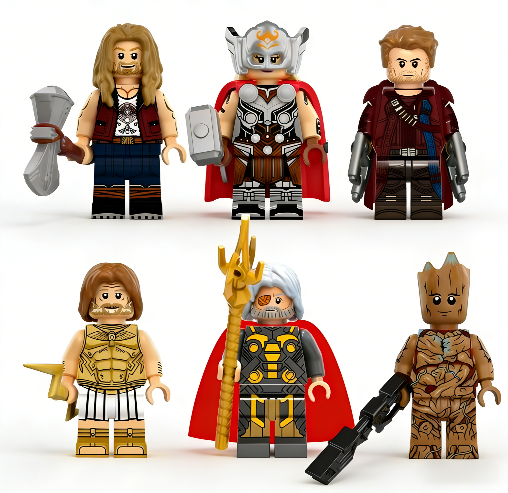 6pcs Marvel Thor Lady Thor Star-Lord Zeus Odin Groot Custom Minifigures Battle Scene Collector Grade