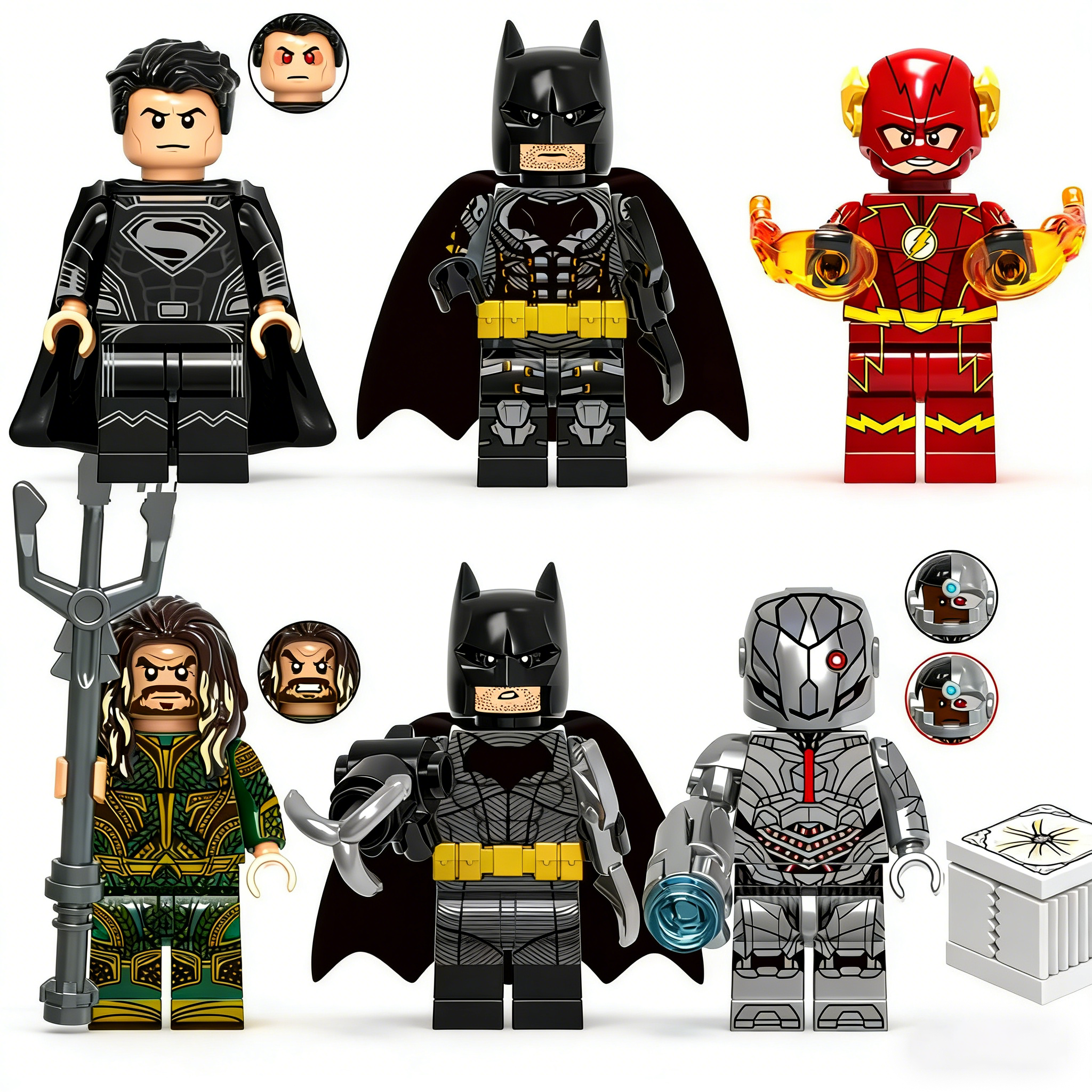 6pcs DC Justice League Black Superman Batman Flash Aquaman Cyborg Custom Minifigures Battle Ready With Accessories Collector Grade