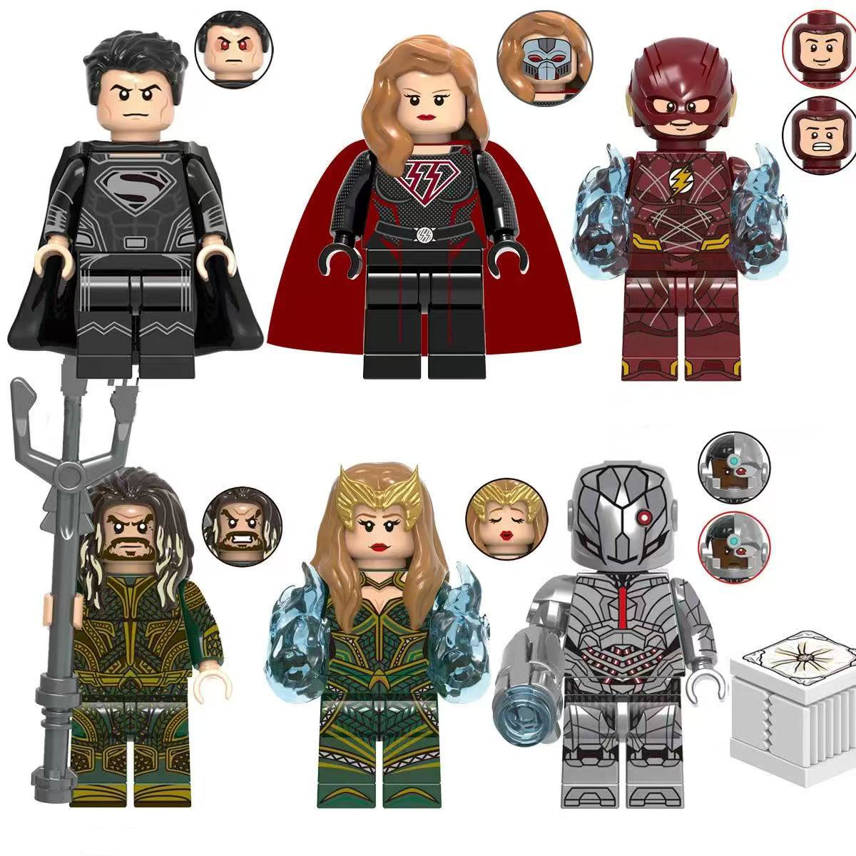 6pcs DC Black Superman Evil Supergirl Flash Aquaman Mera Cyborg Custom Minifigures Battle Ready With Energy Effects Collector Grade