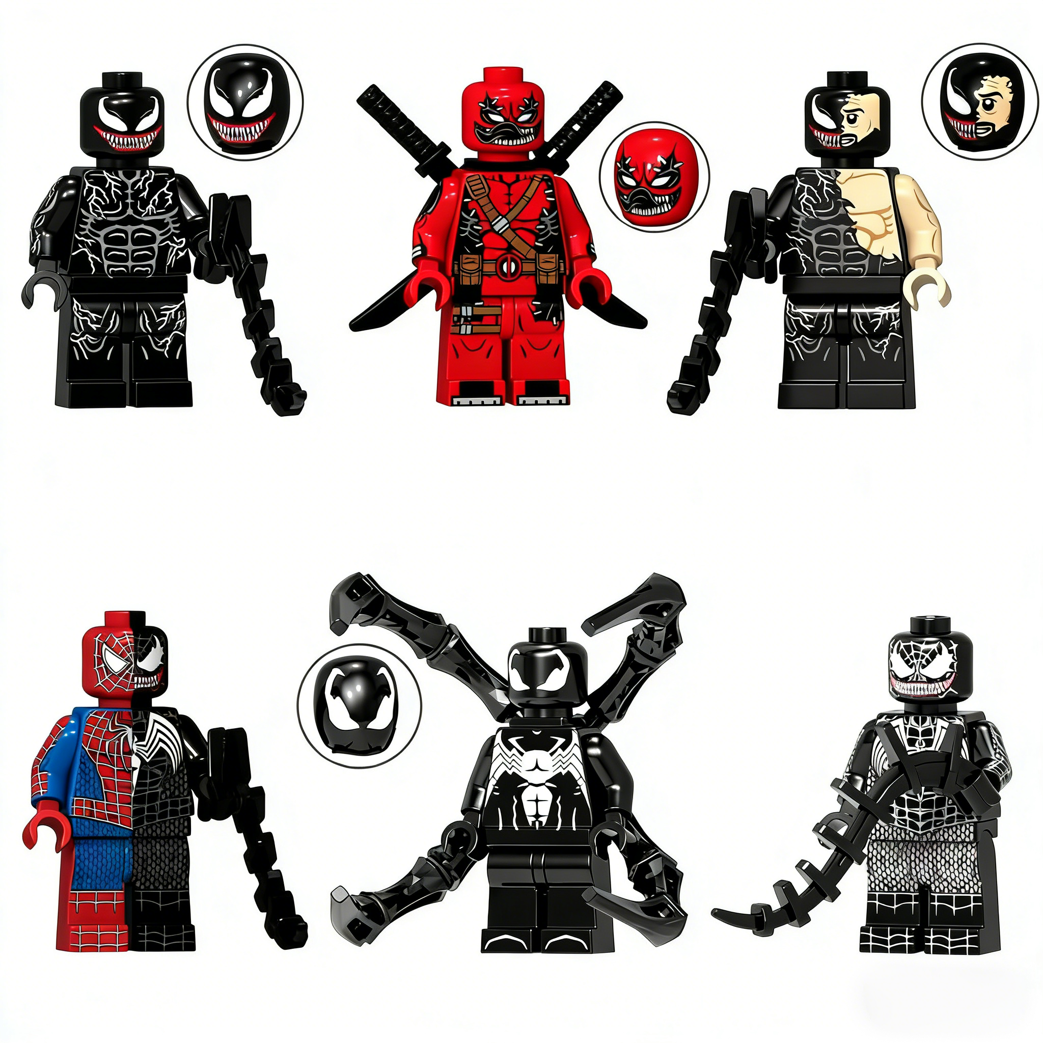 6pcs Marvel Venom Deadpool Carnage Spider-Man Noir Custom Minifigures Riding Dragon Battle Ready with Weapons Rare Collector Edition