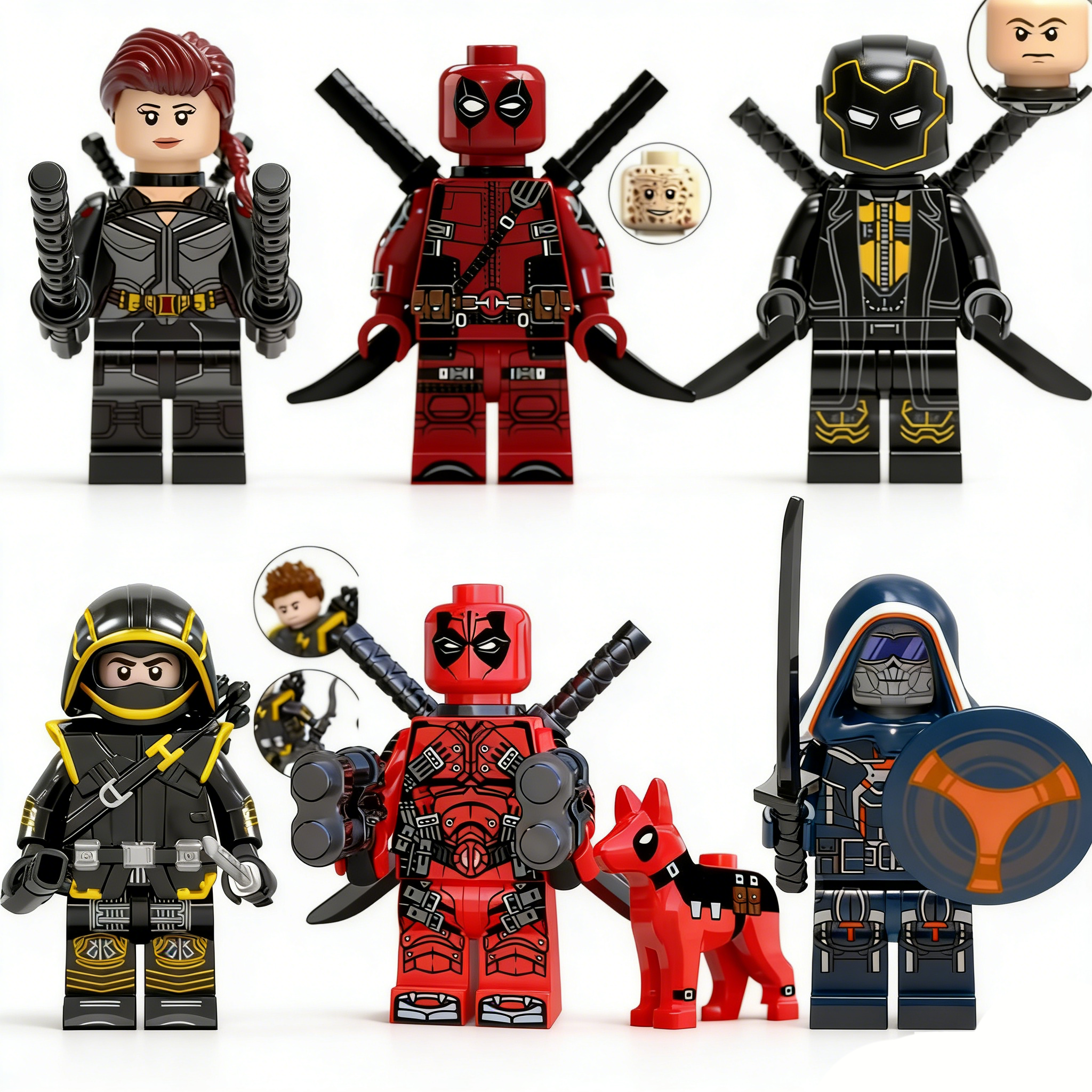 6pcs Marvel Black Widow Deadpool Hawkeye Ronin Taskmaster Custom Minifigures Dual-Blade Cross Battle Collector Grade Detailed Print