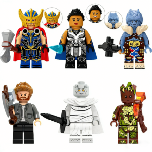 6pcs Marvel Thor Valkyrie Korg Thor Casual Gorr the God Butcher Groot Custom Minifigures Battle Scene with Axe Hammer Gun Sword Torch Rare Collector Edition