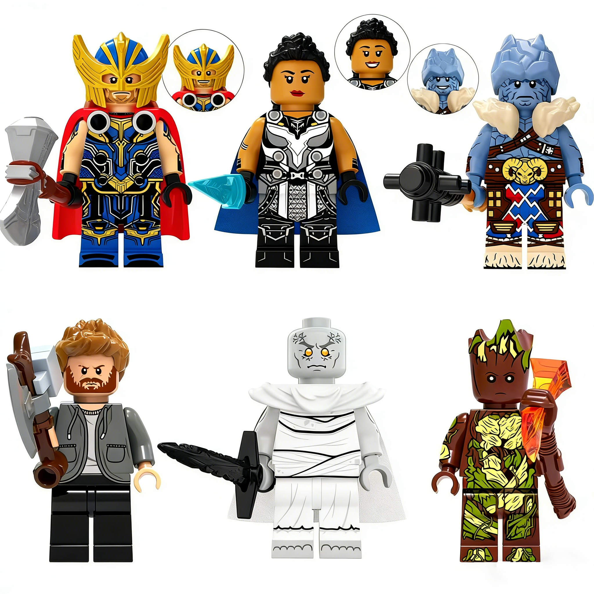 6pcs Marvel Thor Valkyrie Korg Thor Casual Gorr the God Butcher Groot Custom Minifigures Battle Scene with Axe Hammer Gun Sword Torch Rare Collector Edition