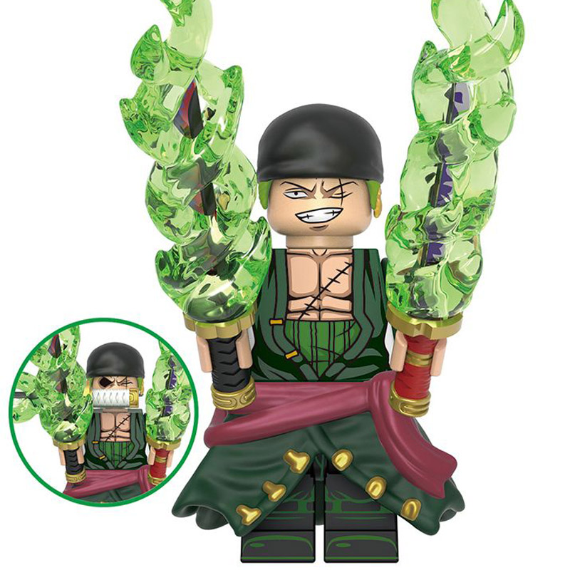 One Piece Roronoa Zoro Custom Minifigure King of Hell Dual Sword Pose Green Energy Effect Collectible Universe Compatible Building Brick Toy