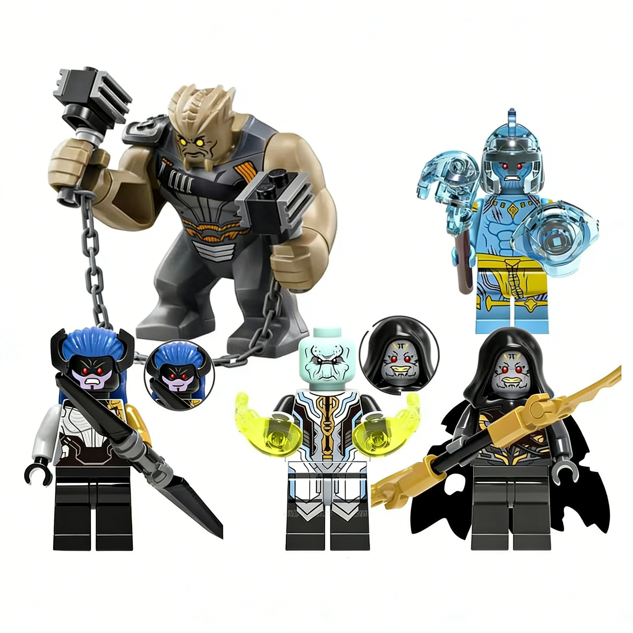 5pcs Marvel Black Dwarf Frost Beast Proxima Midnight Ebony Maw Corvus Glaive Custom Minifigures Battle Ready with Chain Weapon Energy Shield Rare Collector Edition
