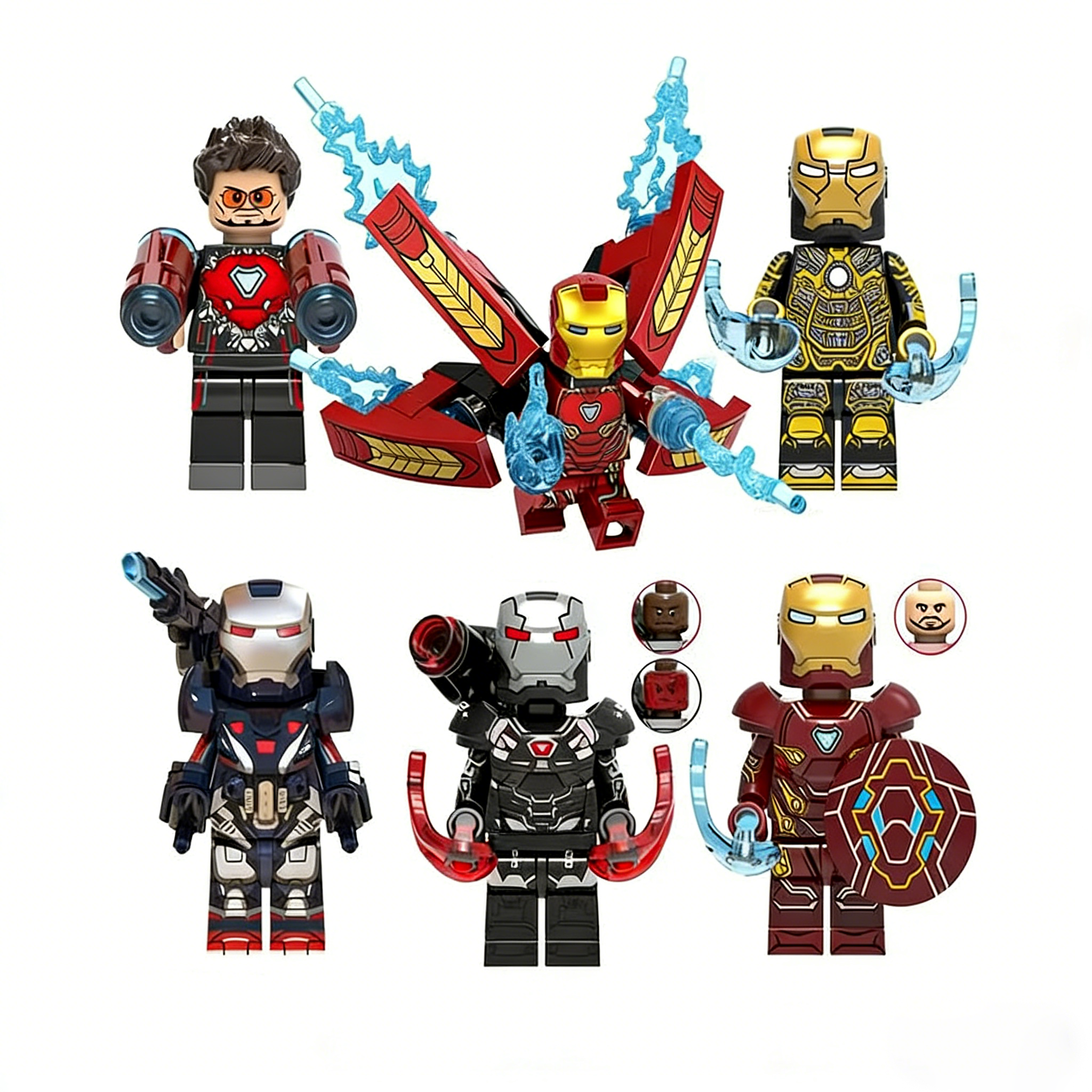 6pcs Marvel Tony Stark Iron Man War Machine Iron Patriot MK41 MK50 Custom Minifigures Battle Ready Energy Blast Flight Mode