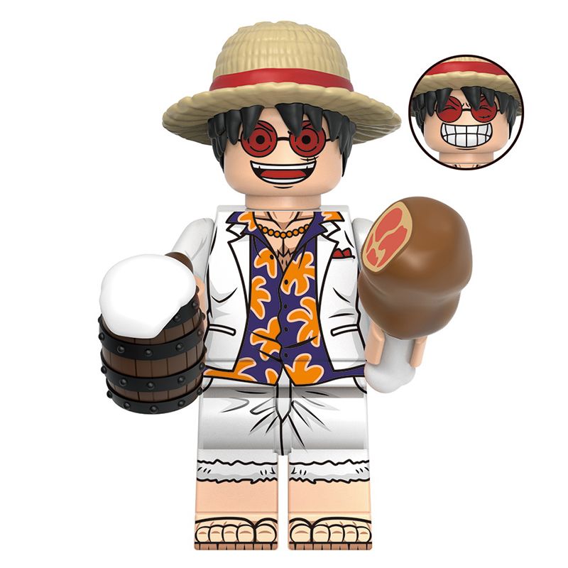 One Piece Monkey D. Luffy Custom Minifigure Film Gold Holding Barrel and Meat High-Quality ABS Plastic Compatible with Building Bricks