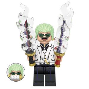 One Piece Roronoa Zoro Custom Minifigure Dual Sword Wielder White Suit Dynamic Pose High-quality ABS plastic precision injection molding hand-assembled quality