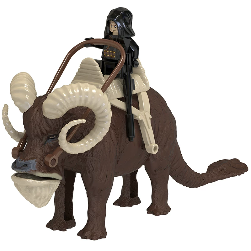 2pcs Star Wars Mandalorian Bantha Custom Minifigures Riding Bantha Mounted Figure With Saddle and Weapon Detailed Sculpted Head Rare Edition Collector Grade