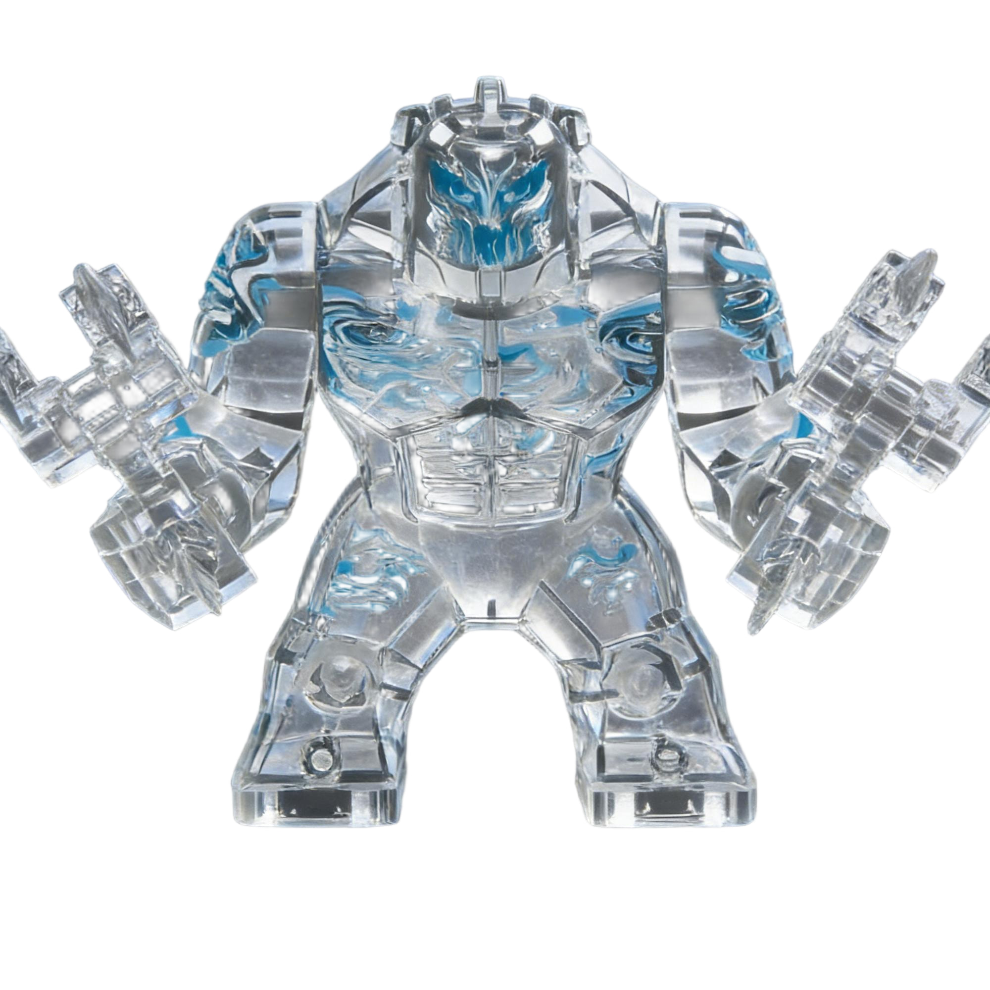 Water Element Big Minifigure Large Scale Transparent Blue Armored Figure with Cracked Skin Effect