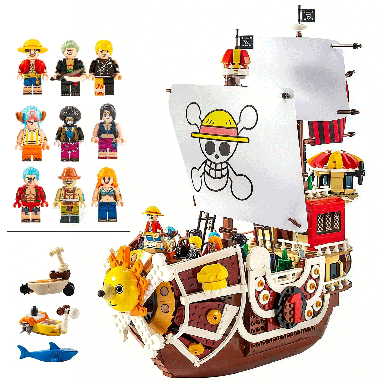 Thousand Sunny Pirate Ship Set with 9pcs One Piece Luffy Zoro Sanji Custom Minifigures Collectible Building Blocks Toys