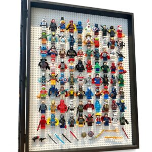 Wooden Minifigure Display Frame with Building Block Baseplate – Wall-Mounted Collectible Figure Storage Case